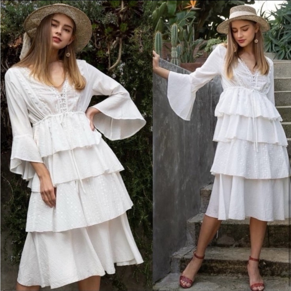 NEW POL Boutique Woven Layered Ruffle Flare Sleeve Romantic Boho Victorian Dress